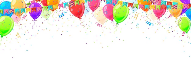 Vector veelkleurige ballonnen feestdecoratie vlaggen confetti op witte achtergrond verjaardag vakantie viering transparante banner plaats voor tekst kleurrijke helium ballonnen vector illustratie