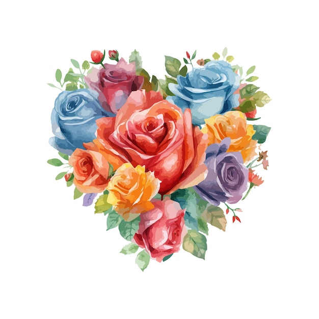 Veelkleurige bloemen boeket rozen als hartvorm voor bruiloft uitnodiging vector illustratie generatieve AI Romantisch bloemstuk symbool van liefde voor Valentijnsdag wenskaart bloesem decor