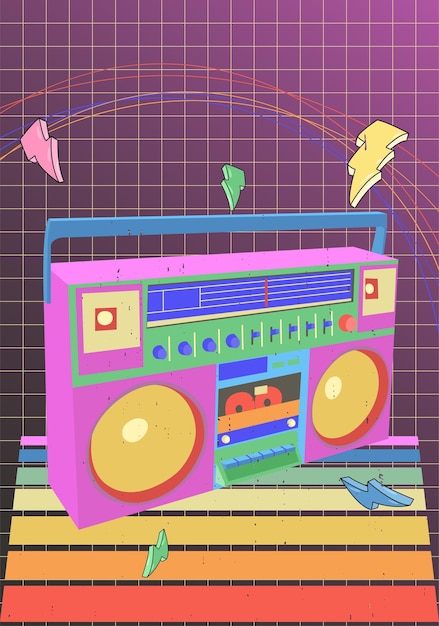 Veelkleurige cassetterecorder in disco-poster uit de jaren 80 in retrostijl