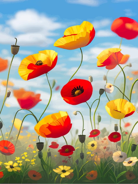 Veelkleurige klaproos bloemen in bloei in gras banner vectorillustratie op blauwe hemel achtergrond lente