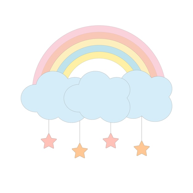 Veelkleurige regenboog met wolken en sterren
