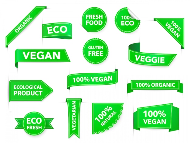 Vegan badges. Eco organic vegetarian tags, vegan health diet labels, vegetarian products green badges, healthy diet emblems with ribbons   icons set. healthy eating packaging stickers