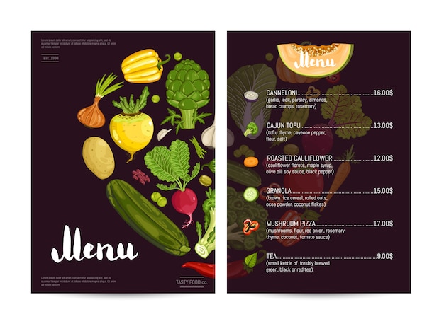 Progettazione di menu cibo vegan cafe