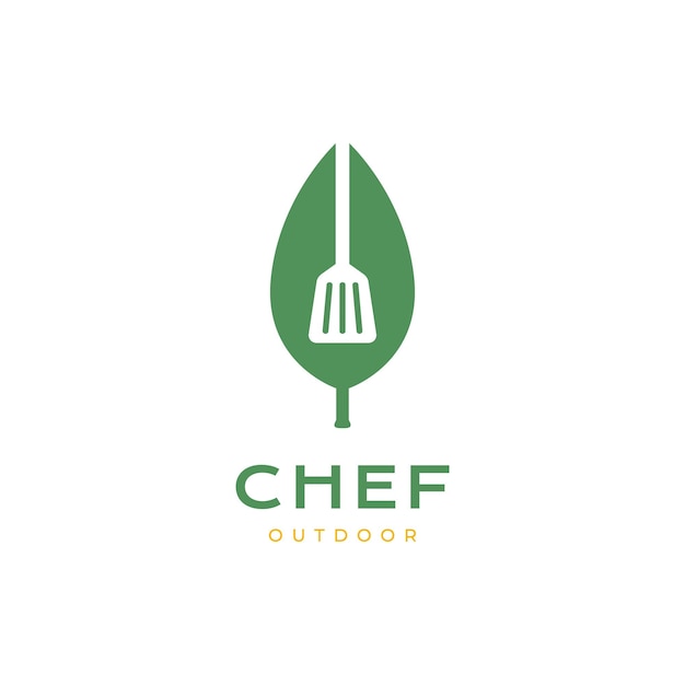 Vegan chef cooking leaves vegetable spatula minimal logo design icon vector illustration