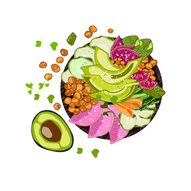 Vegan detox buddha bowl with chickpeas avocado radishes carrots herbs and sesame seeds