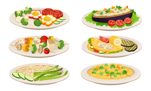 vegan dishes and main courses with skewered vegetables and stuffed eggplant vector set