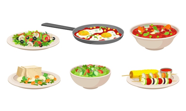 vegan dishes and main courses with vegetable salad and scrambled eggs in frying pan vector set