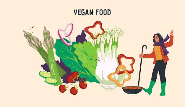 Баннер веганской еды или фон плаката с крошечной женщиной, готовящей вегетарианскую еду, вектор.