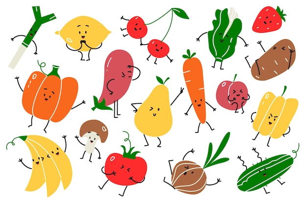 Insieme di doodle di cibo vegano. disegnato a mano doodle vegetariano cibo mascotte frutti felici emozioni mela carota zucca ciliegia banana e su sfondo bianco. illustrazione di nutrizione salute vitamina frutta