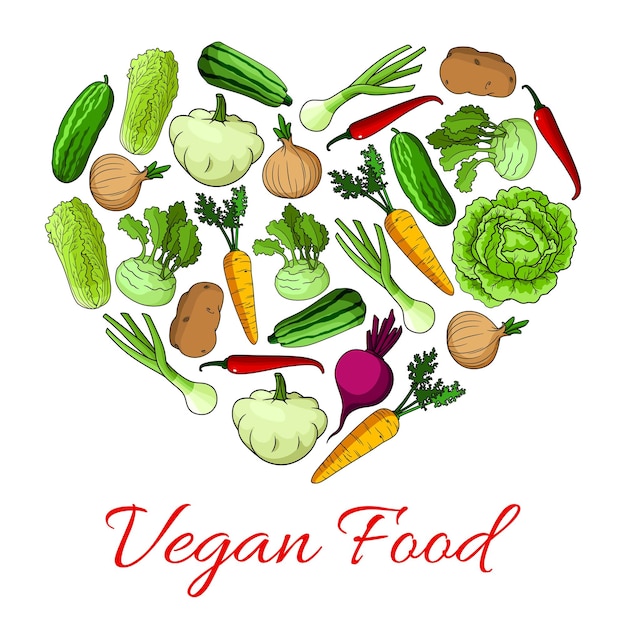 Vettore poster del cuore di cibo vegano di verdure