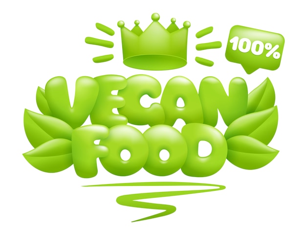 Vegan food icoon met groene bladeren en kroon. 3D-cartoon stijl.