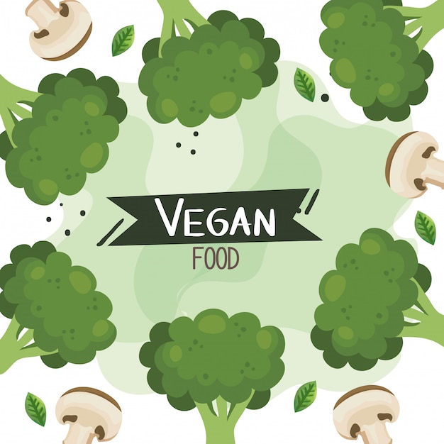 Illustrazione di cibo vegano con cornice di broccoli e funghi