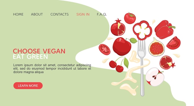 Pagina di destinazione del cibo vegano con testo e frutta e verdura fresca su una forchetta