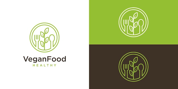 Vegan Food Logo Design Fork Spoon Plate Tree Leaves Combination Concept Restaurant Logo Vector