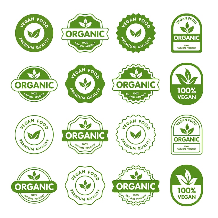 Vector vegan food organic and natural product sticker label badge and logo