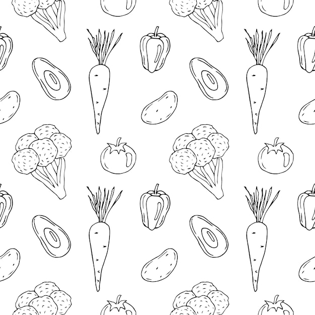 Vegan food vegetables and fruits seamless pattern vector illustration hand drawing doodles