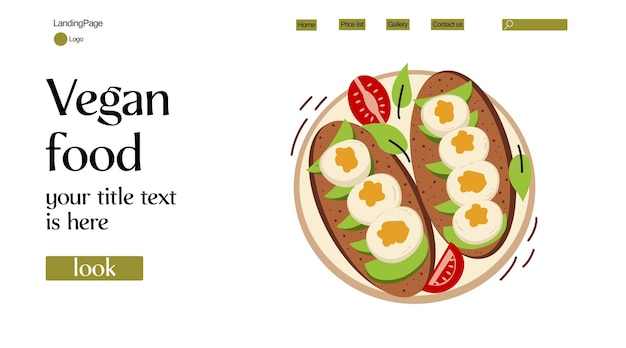 Vector vegan food website background isolated fruit and vegetable salad plate icon avocado toast with fresh slices of ripe avocado eggs seasoning and dill tomato