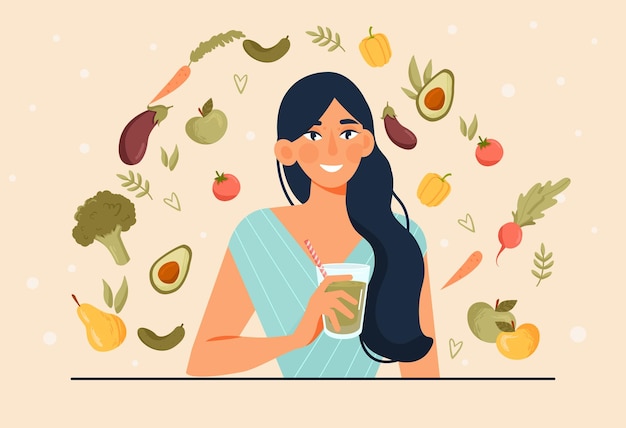 Vector vegan and healthy diet concept woman with green smoothie in her hands surrounded by vegetables and