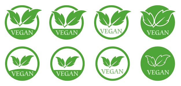 Vector vegan label collection with leaf in green on a white background