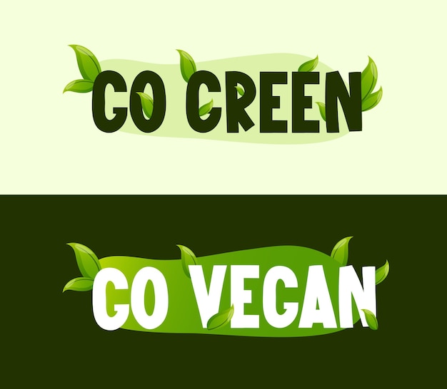 Vegan lifestyle texts and green leaves on banners