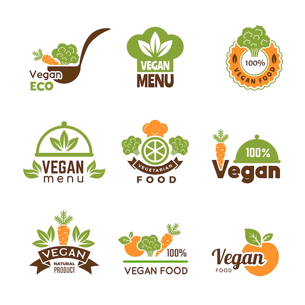 Logo vegano. raccolta di simboli di stile di vita naturale emblema di ecologia vegetariana cibo sano