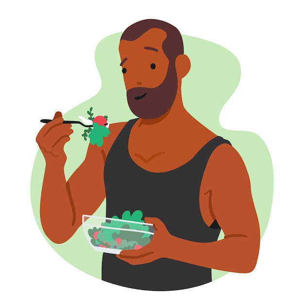 Vegan man savors a colorful salad packed with fresh greens vibrant vegetables and crueltyfree toppings character enjoying a nutritious and compassionate meal cartoon people vector illustration