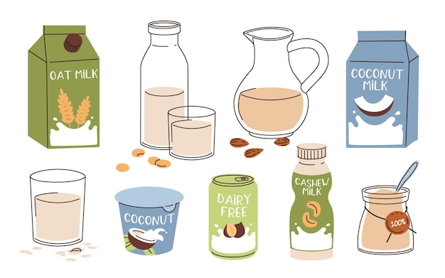 vegan milk collection milk alternatives with almond coconut oat set of bottles packs plant based