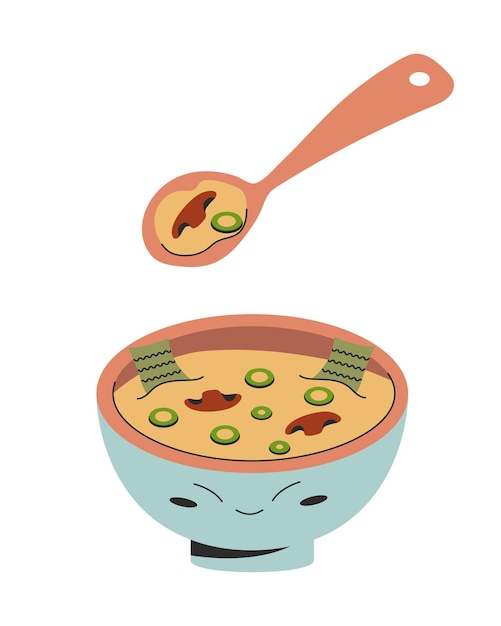 Illustrazione di cibo coreano della zuppa di miso vegano in una ciotola carina con cipolla verde di funghi di alghe cucchiaio