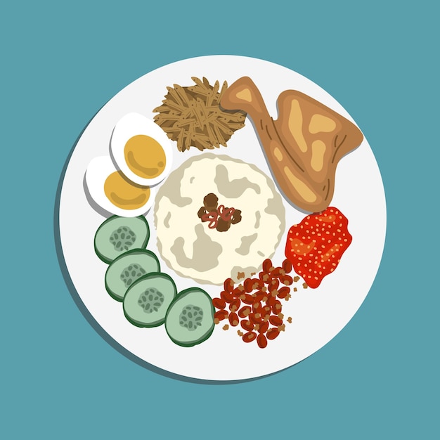 Vegan Nasi Lemak with sambals from Malaysian Cuisine for Asian Food Illustration