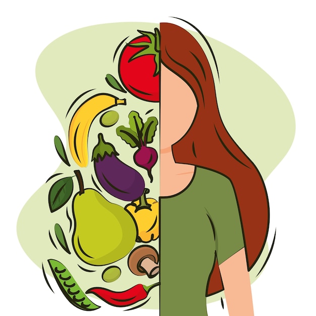 Vector vegan person lifestyle with a group of fruits and vegetables vector illustration