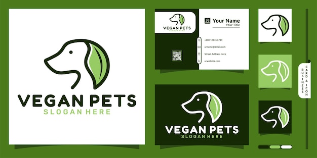 Logo di animali domestici vegani con concetto moderno di foglia dell'orecchio e design del biglietto da visita