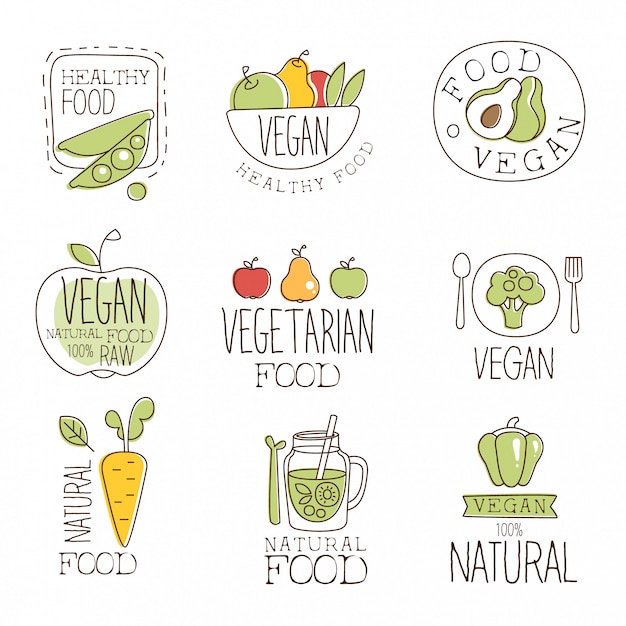 Vector vegan raw and healthy food promo labels collection