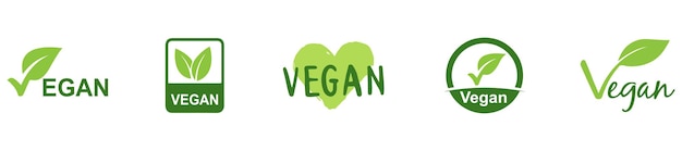 Вектор Веганский круглый набор икон веганский знак еды с листьями логотип тег для кафе-ресторанов дизайн упаковки