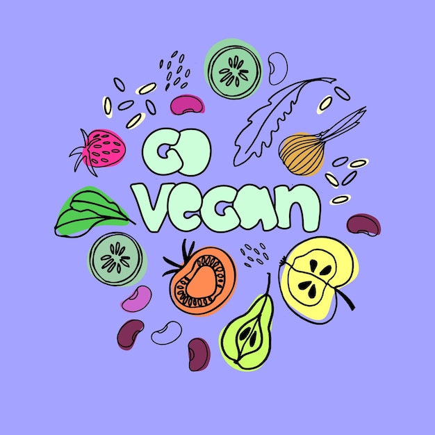 Vector veganisme concept hand letters en met de hand getekende foto's van veganistische voedingsmiddelen kan worden gebruikt voor web mobiele app landing page social media poster banner flyer geïsoleerd ontwerp element