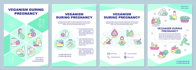 Veganisme tijdens zwangerschap brochuresjabloon evenwichtige voeding folderontwerp met lineaire pictogrammen 4 vectorlay-outs voor presentatie jaarverslagen arialblack myriad proregular-lettertypen gebruikt