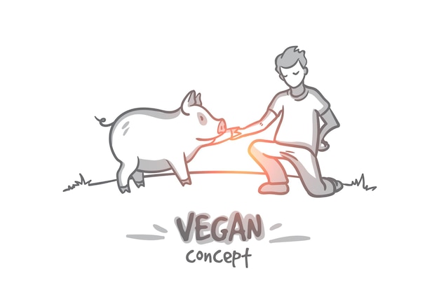 Veganistisch concept. Hand getekende man weigert vlees te eten. Persoon houdt van dieren geïsoleerd