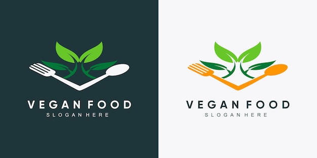 Veganistisch eten logo ontwerp met creatieve concept premium vector