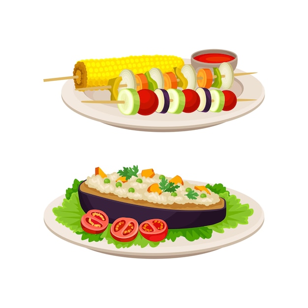 Veganistisch gerecht en hoofdgerecht met gevulde aubergine en gespoten groenten vector set