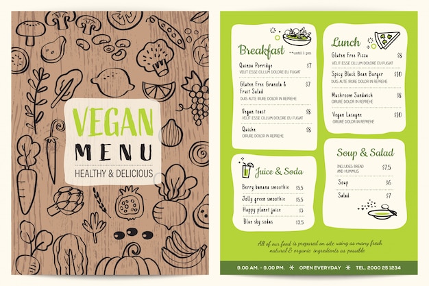 Vector veganistisch restaurantmenu met houten textuur