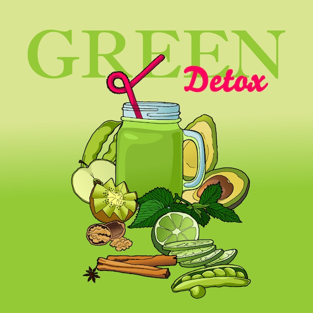 Vector veganistische detox-drankjes. vegetarisch smoothie recept.