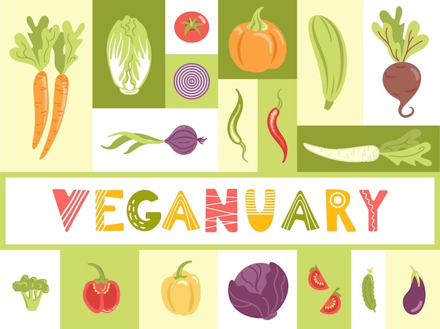 Vector veganuary banner in cartoon-stijl verse seizoensgroenten oogsten wortelen en paprika bieten bonen en uien belettering in scandinavische stijl voor reclame website poster flyer