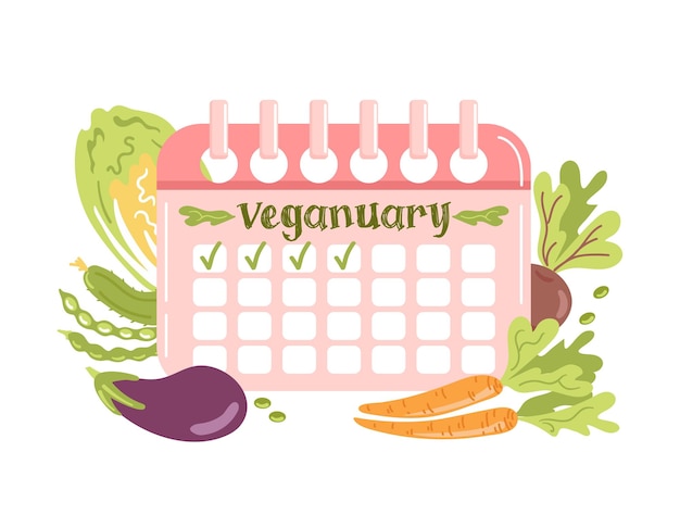 Veganuary roze kalender in cartoon-stijl planningsschema met gemarkeerde dagen tracker goede gewoonten verse seizoensgroenten vectorillustratie in een vlakke stijl voor reclame website poster