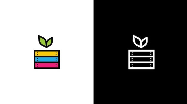 Vegetable box logo vector with green leaf black and white icon style Design template
