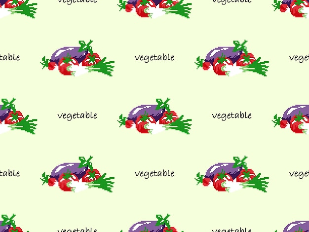 Vegetable cartoon character seamless pattern on yellow background Pixel style