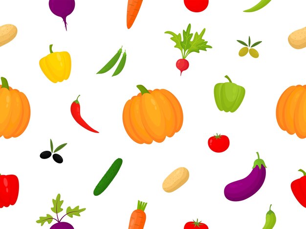 Vegetable colorful seamless pattern. Healthy food collection. Fresh farm organic elements pattern.