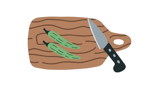 Vector vegetable cutting board. vector illustration of wooden board, kitchen knife and vegetables.