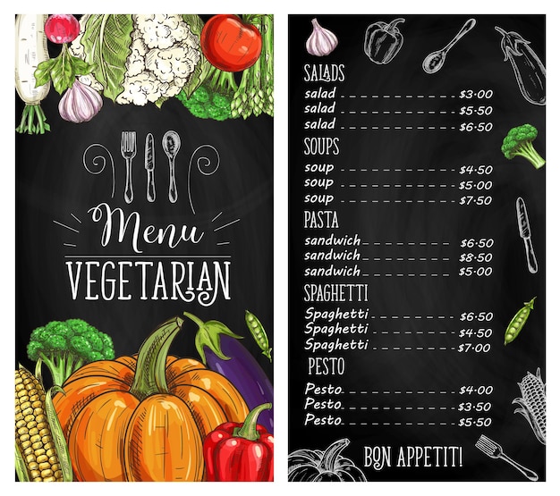 Vegetable food blackboard menu of vegetarian restaurant