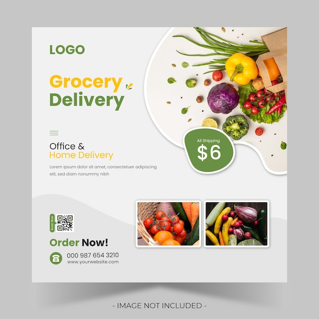 Vector vegetable and fruit grocery delivery social media post and square banner template