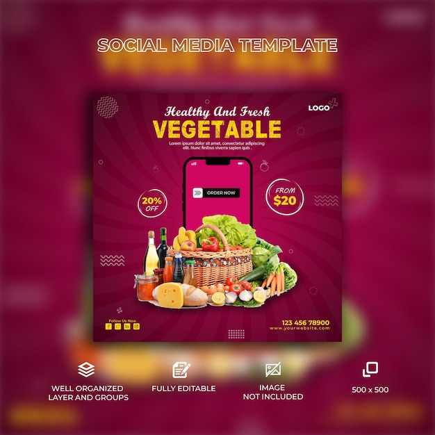 Vegetable and fruit grocery social media banner and instagram post template