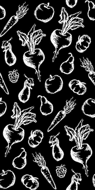 Vegetable fruit monochrome ink hand drawn set seamless pattern texture background vector